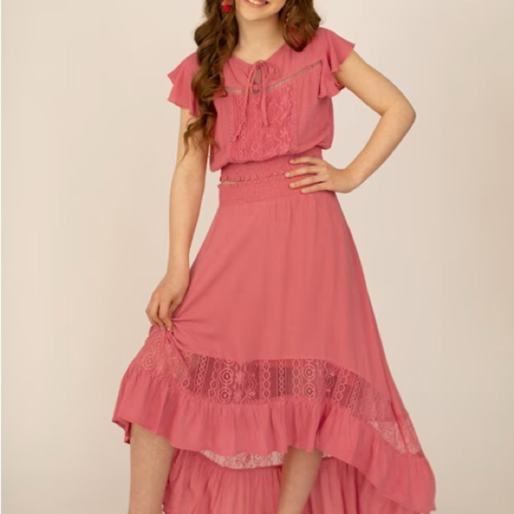 Joyfolie Catalina Rose Pink Lace Top & Skirt Set Ruffle Sleeve Girl Size 12 NEW